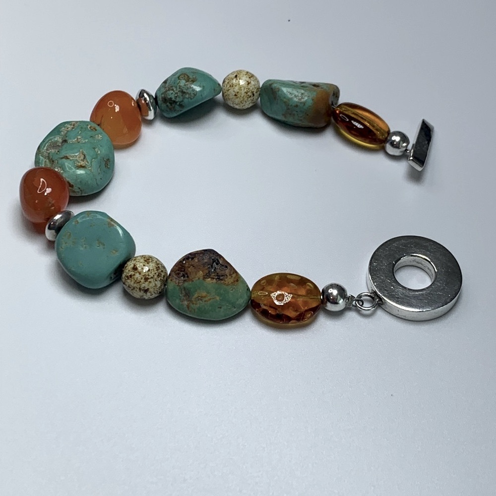 Vintage RAGE Sterling Silver, Turquoise & Carnelian Toggle Clasp Beaded Bracelet - Picture 10 of 15